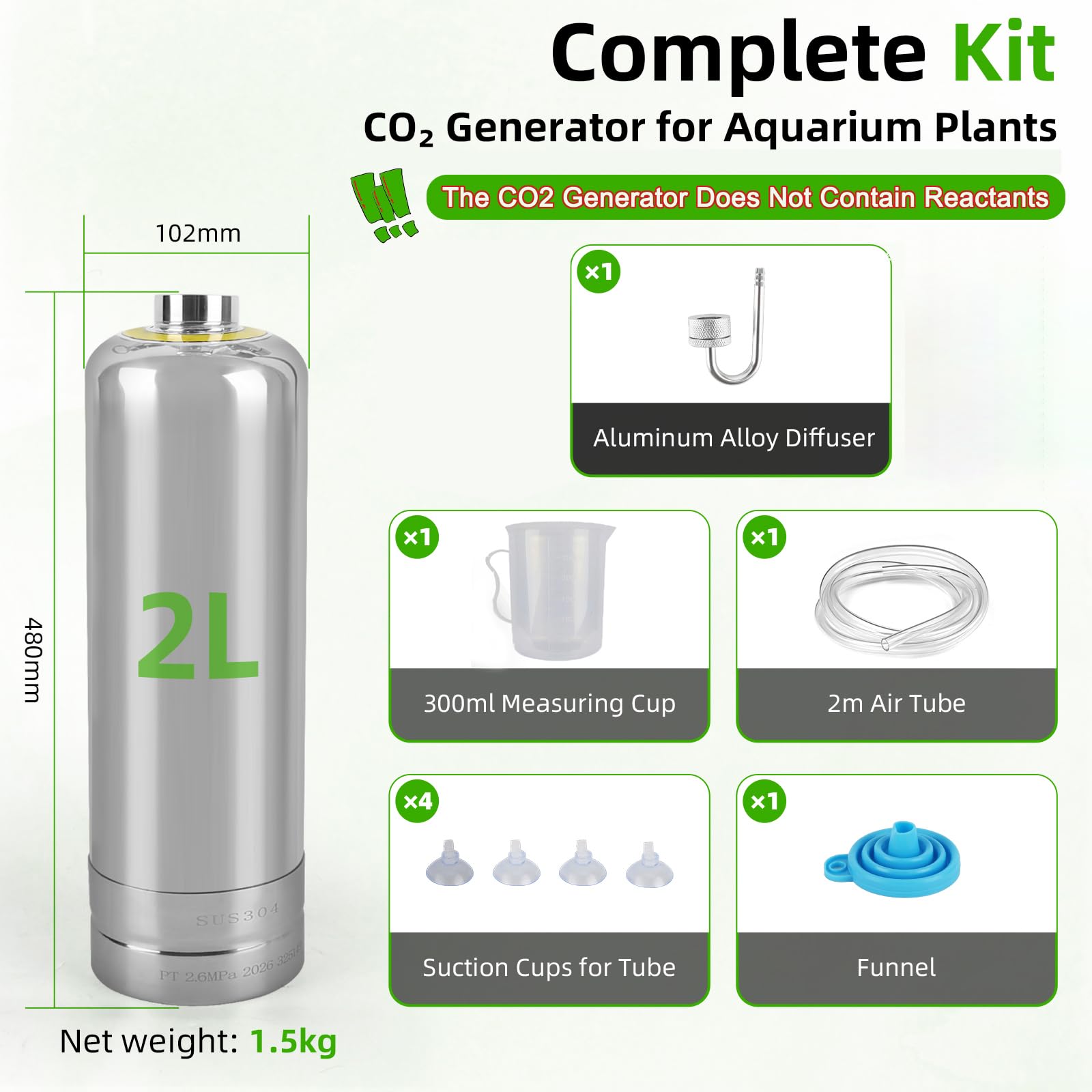 2L Aquarium CO2 Generator Cylinder Kit, Stainless Steel CO2